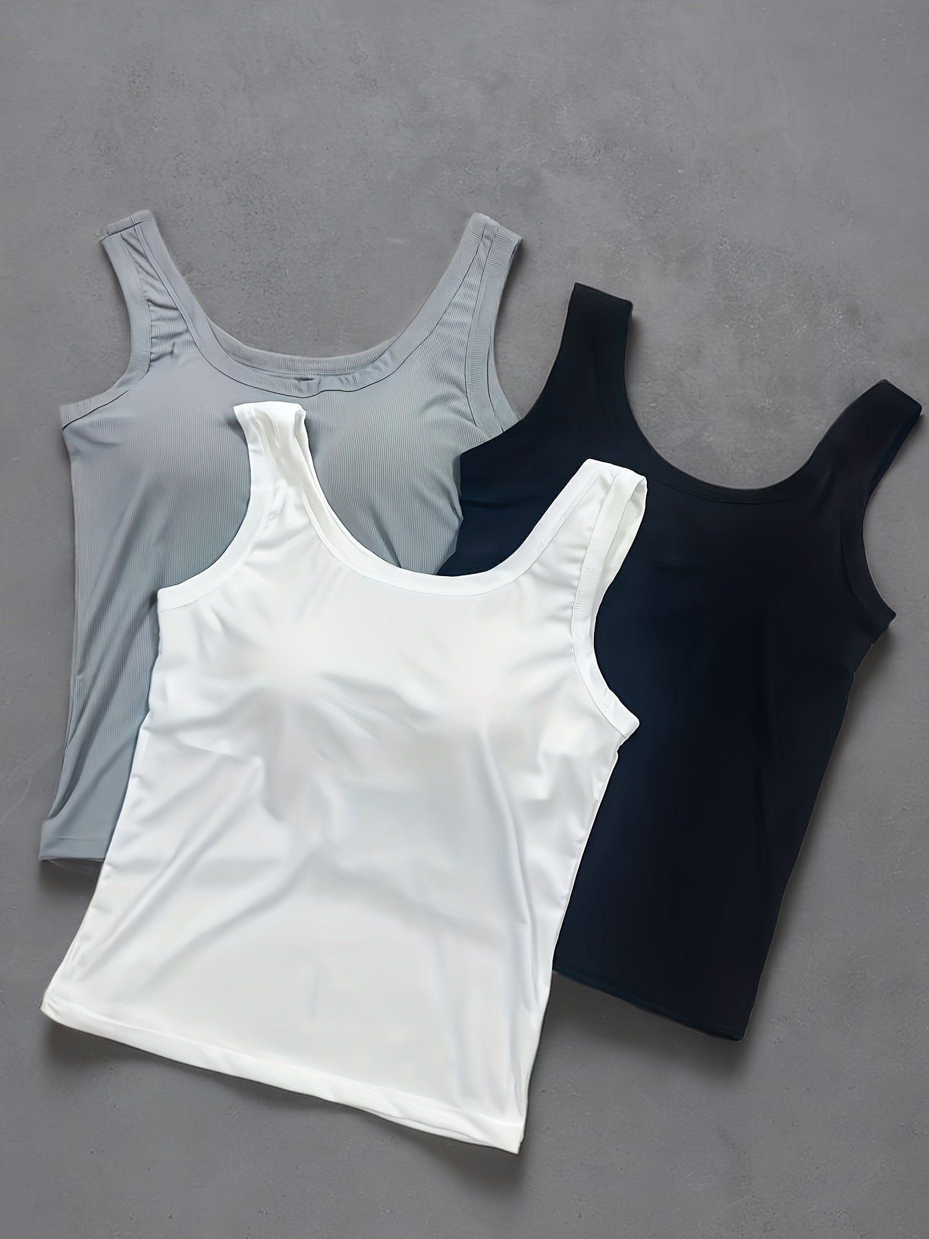 Women's Ribbed Sports Tank Tops 3 Pack with Built-In Bras Gray White Black
