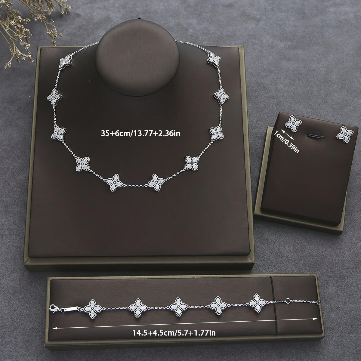 Women's Jewelry Set Cubic Zirconia Four-Leaf Flower Necklace Earrings Bracelet White Gold Plated