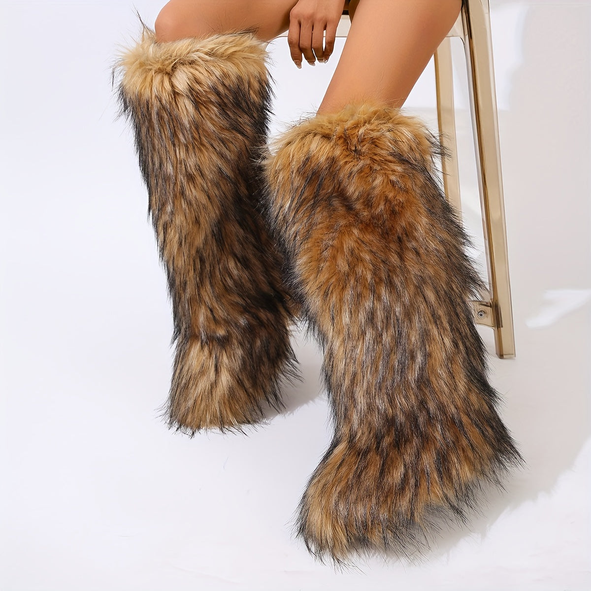 Women's Faux Fur Knee-High Boots with Round Toe Pull-On Flat Heel