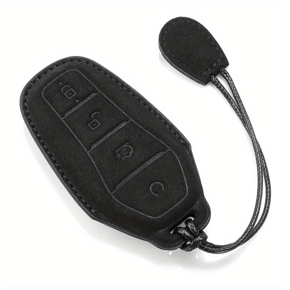 Car Key Fob Cover Black Leather Braided Leash Button Labels for Vehicle