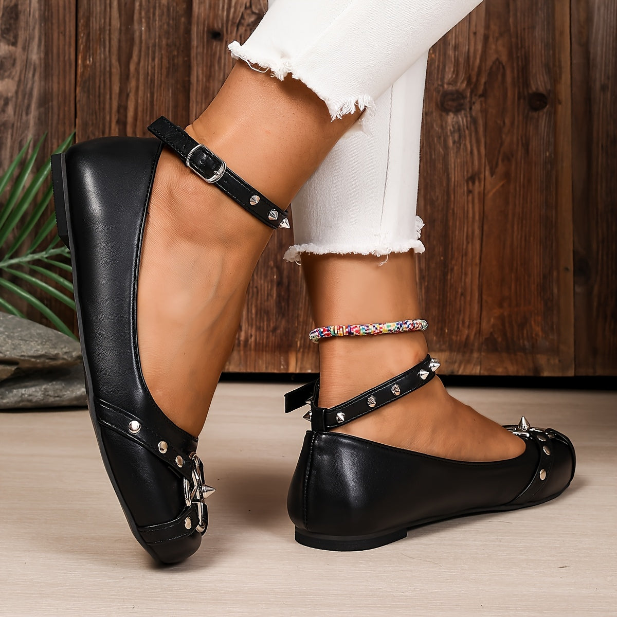 Women’s Gothic Flats with Metallic Buckle Straps Synthetic Round Toe Black All-Season Comfortable Shoes