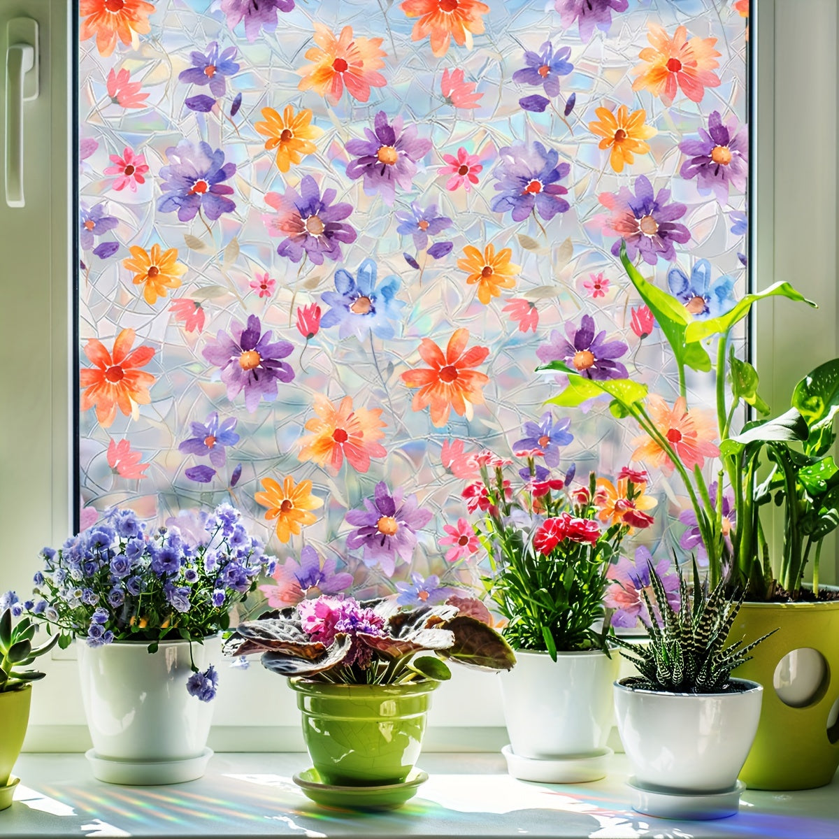 Dual-Sided Vibrant Floral Sunlight Window Cling Reusable PVC Decor