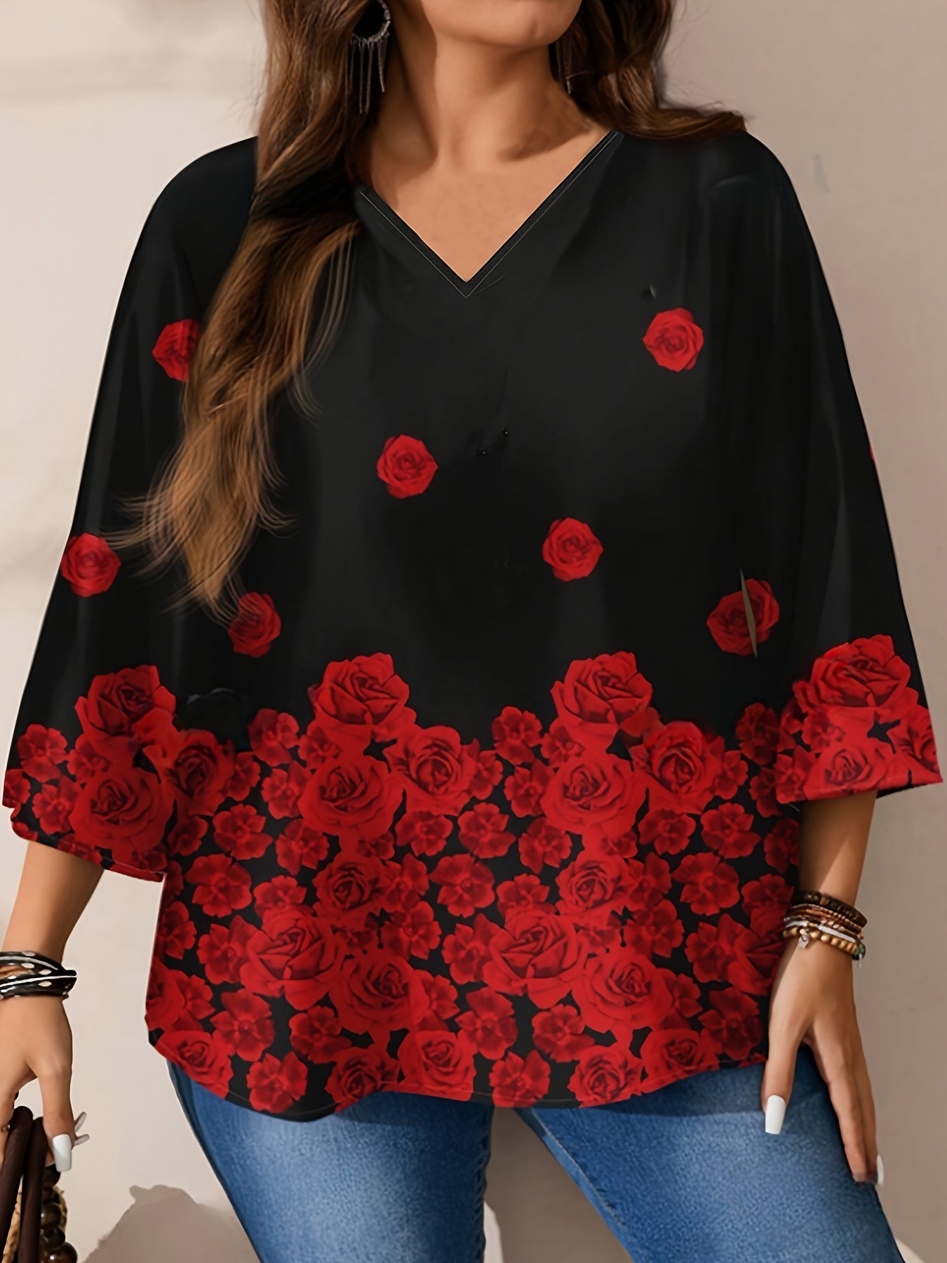 Plus Size Women's Rose Print 3/4 Sleeve T-Shirt