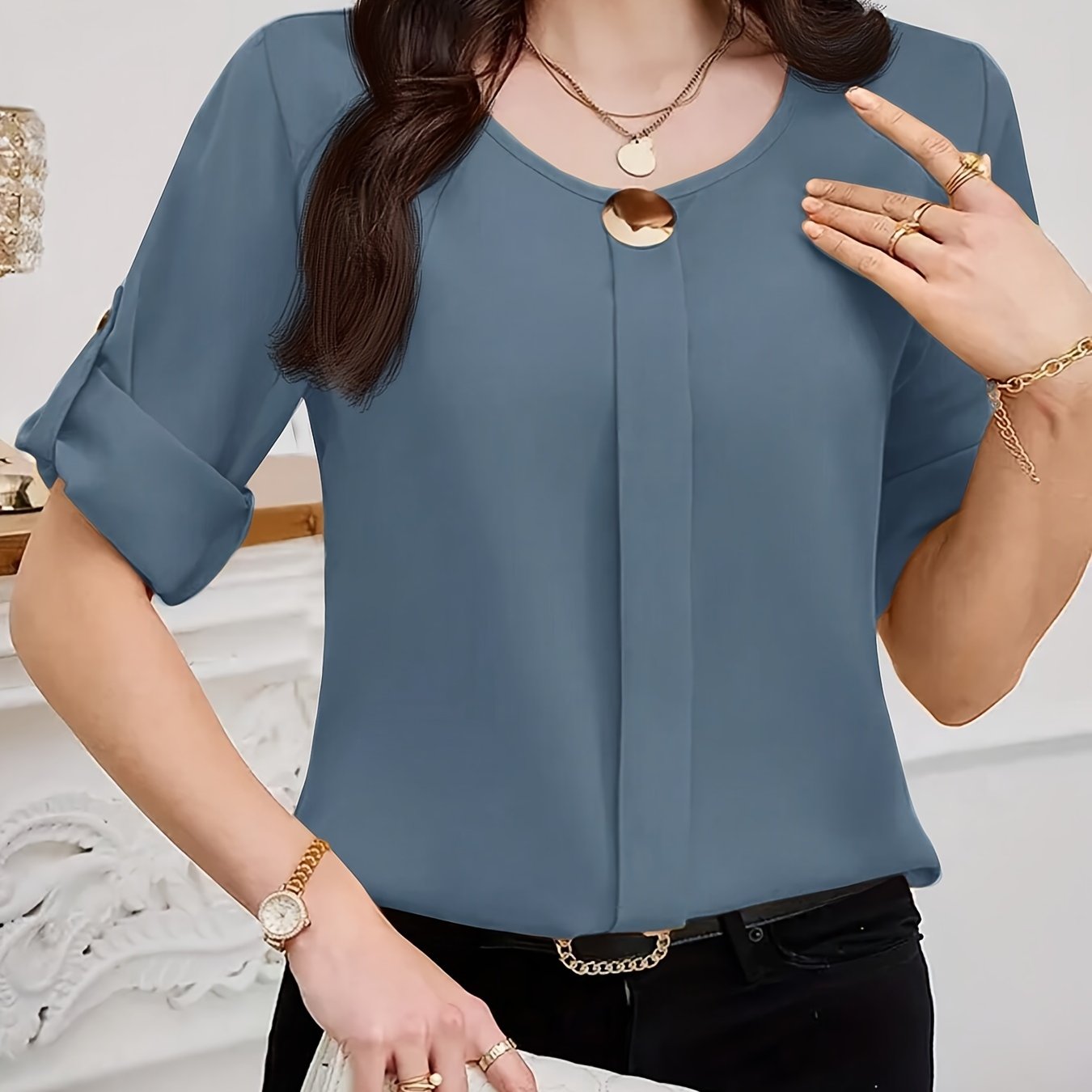 Pleated Blouse with Crew Neck Short Sleeves Solid Color Spring Summer Women