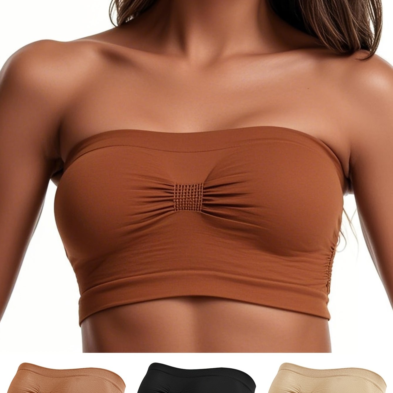 Women's Solid Color Strapless Crop Top Set with Breathable Non-Slip Bra