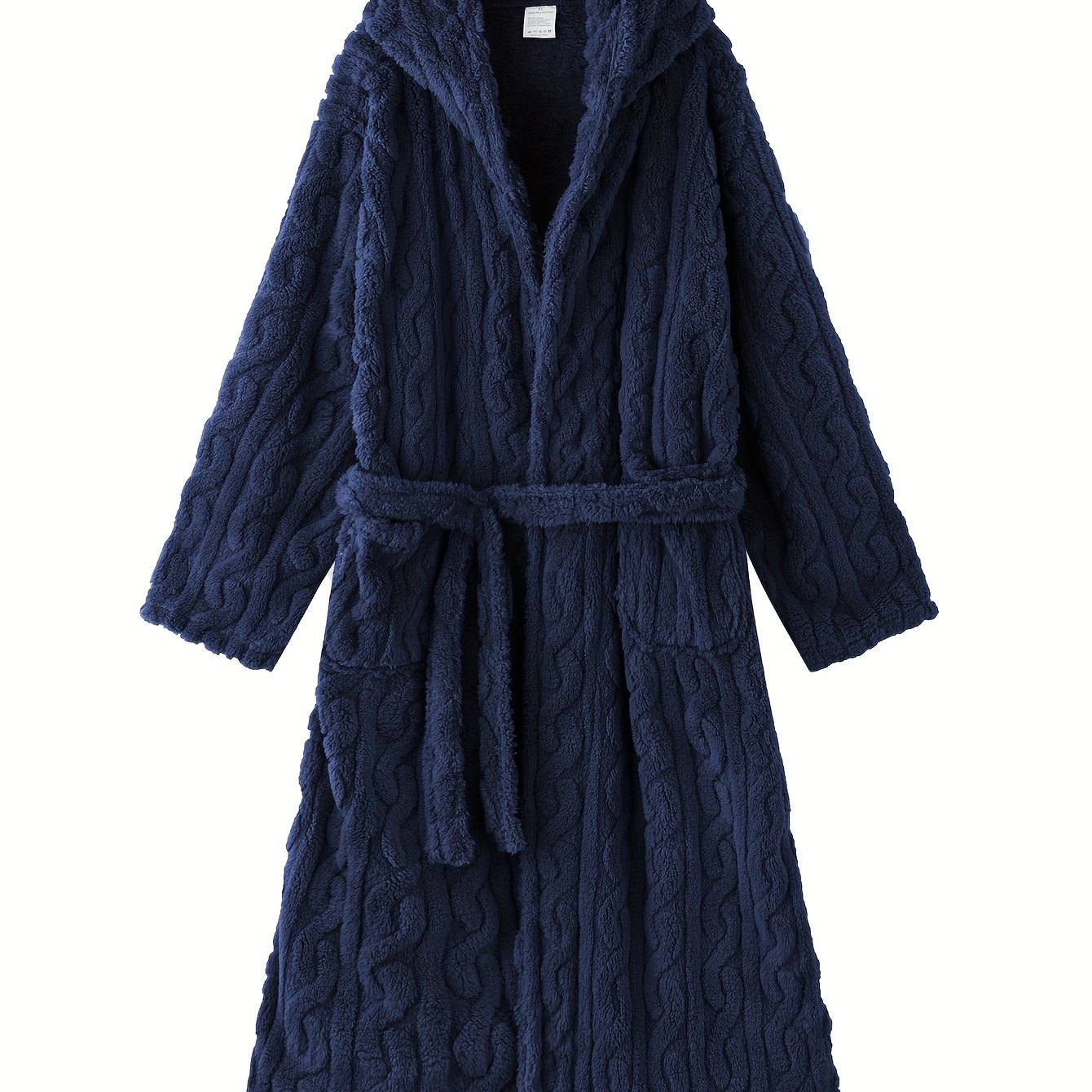 bata de felpa para mujer con capucha, manga larga, cinturón, bolsillos, otoño e invierno, punto, poliéster