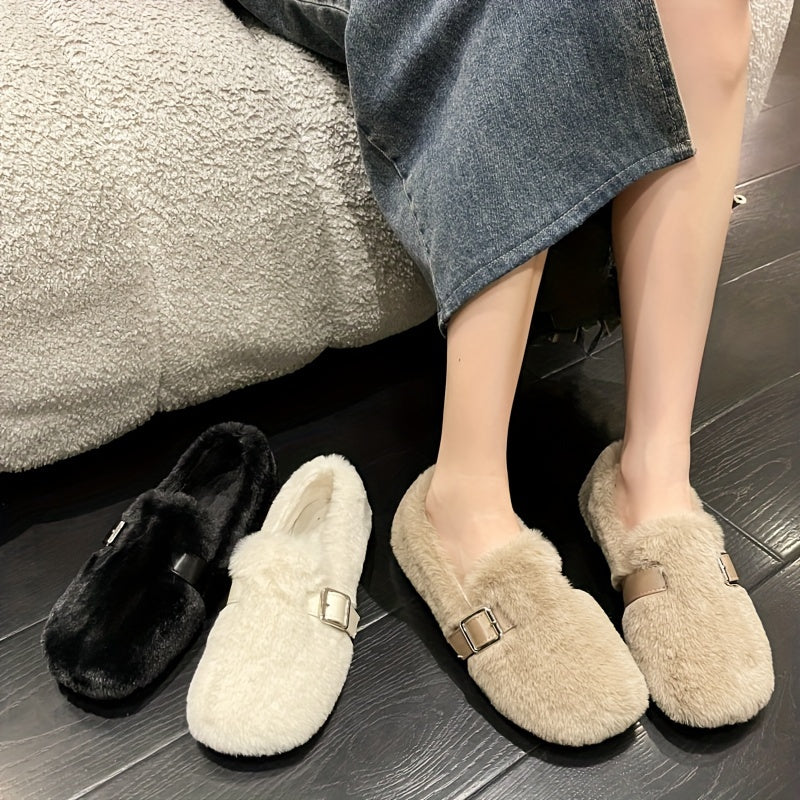 Women's Black Corduroy Loafers with Thick Sole and Metal Buckle