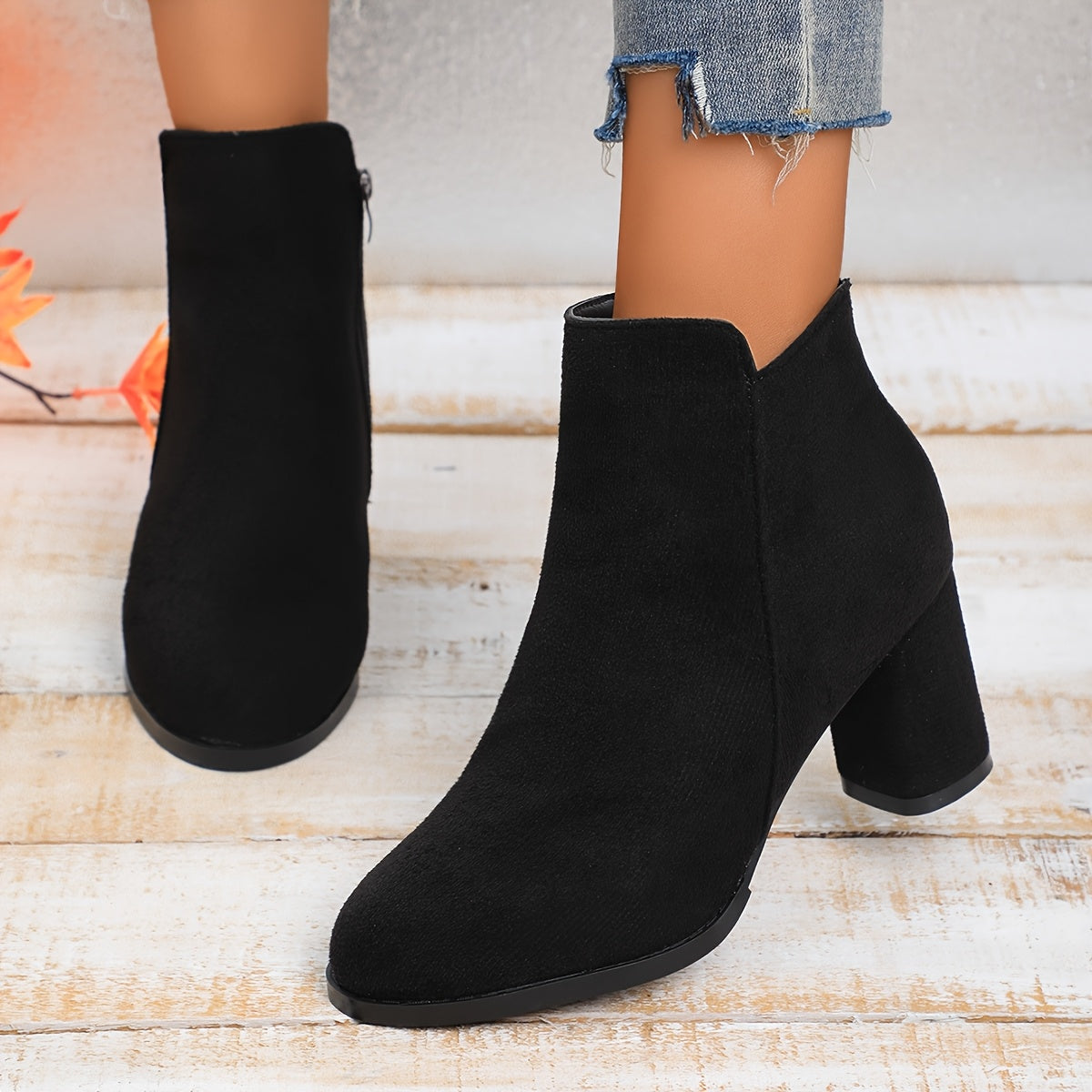 Women's Red Autumn Winter Short Booties with Mid Heels Plush Lining