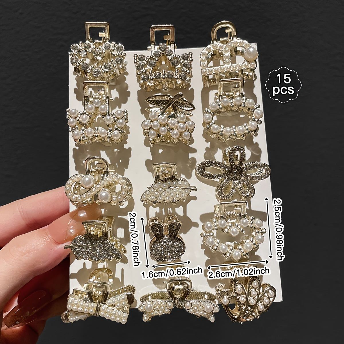 15 dona ayollar uchun sun'iy marjonli yurak shaklidagi soch kliplari yon va orqa styling uchun