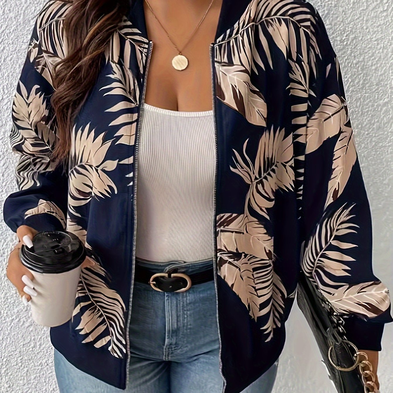 Plus Size Floral Zipper Jacket for Women Fall Winter Casual Long Sleeve