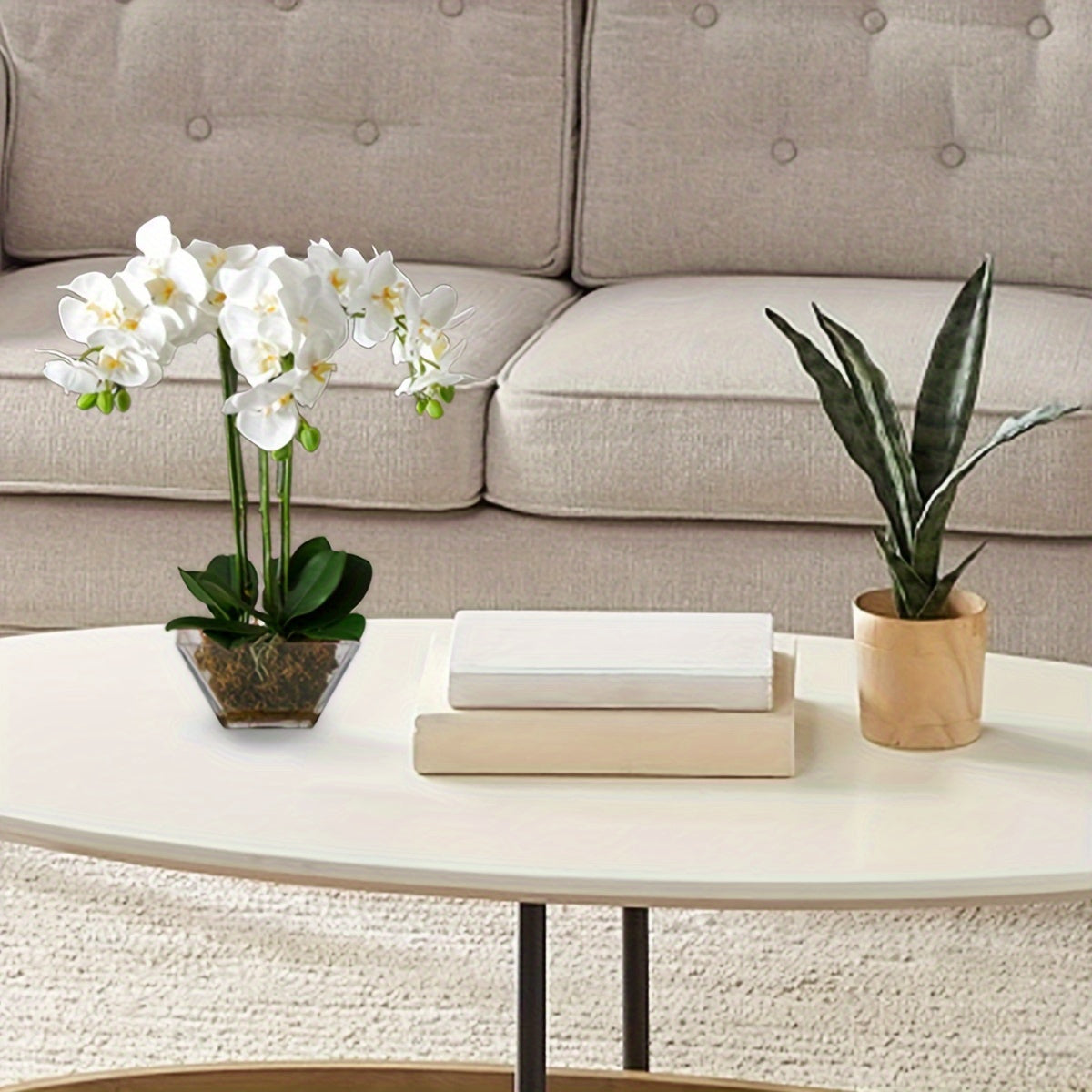 Artificial Orchid Plant with Ribbon Accent in White Pot Lifelike Greenery for Home Office Decor