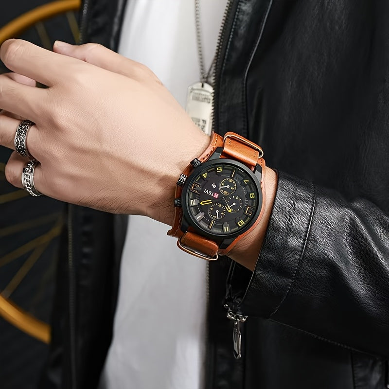 Men's Sports Watch with Large Dial, Calendar, Quartz Movement, PU Leather Strap