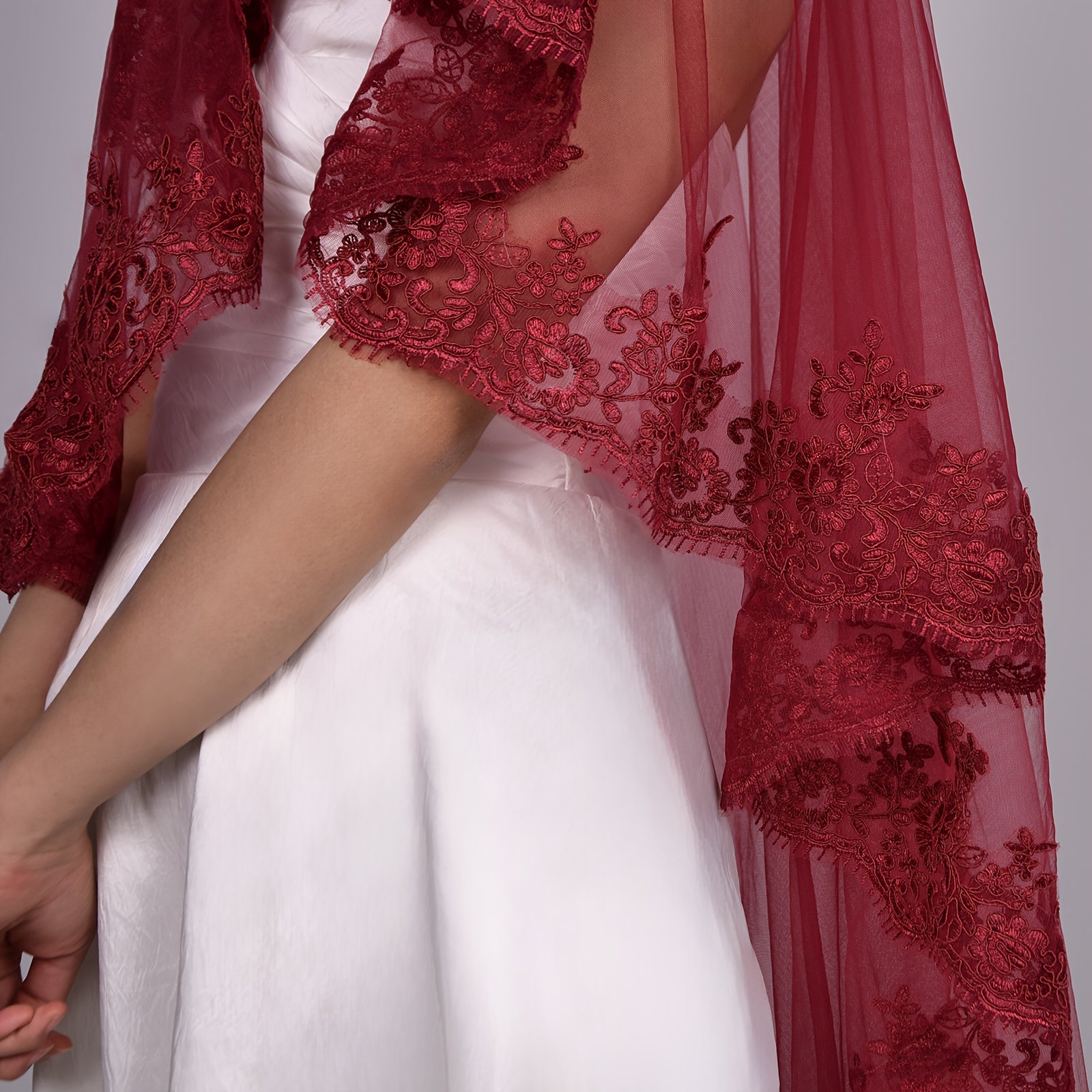Red Lace Bridal Veil Short Single-Layer Nylon Face Covering for Weddings and Celebrations