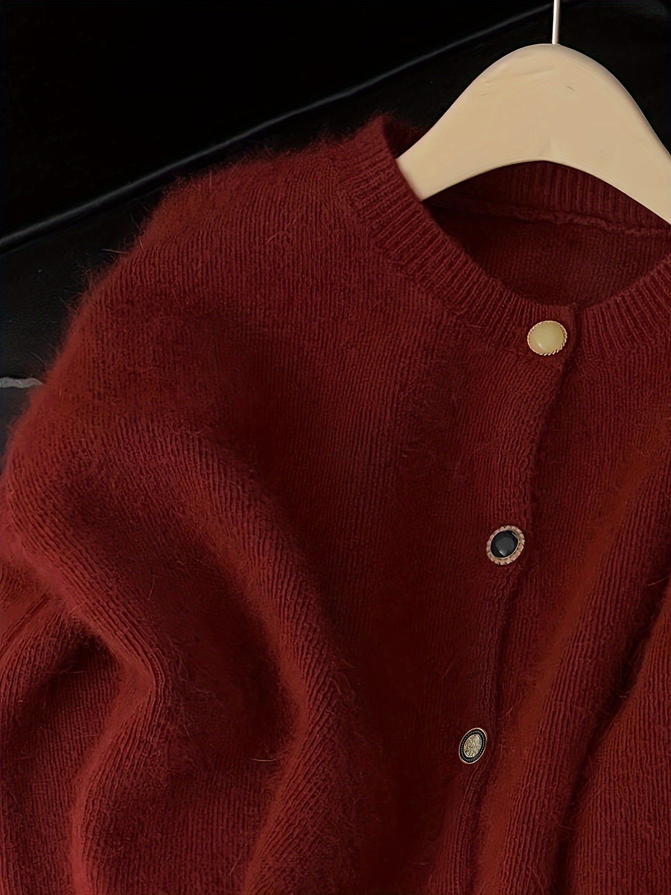 Women's Red Knit Cardigan Cozy Thick Sweater with Round Neck and Button-Up Design