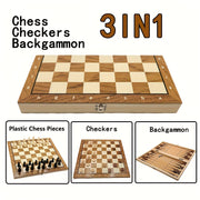 Wooden 3-in-1 Chess Backgammon Checkers Board Game for Adults