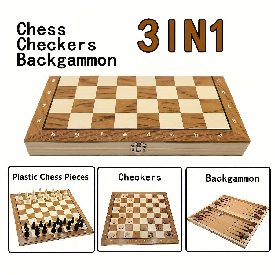 Wooden 3-in-1 Chess Backgammon Checkers Board Game for Adults