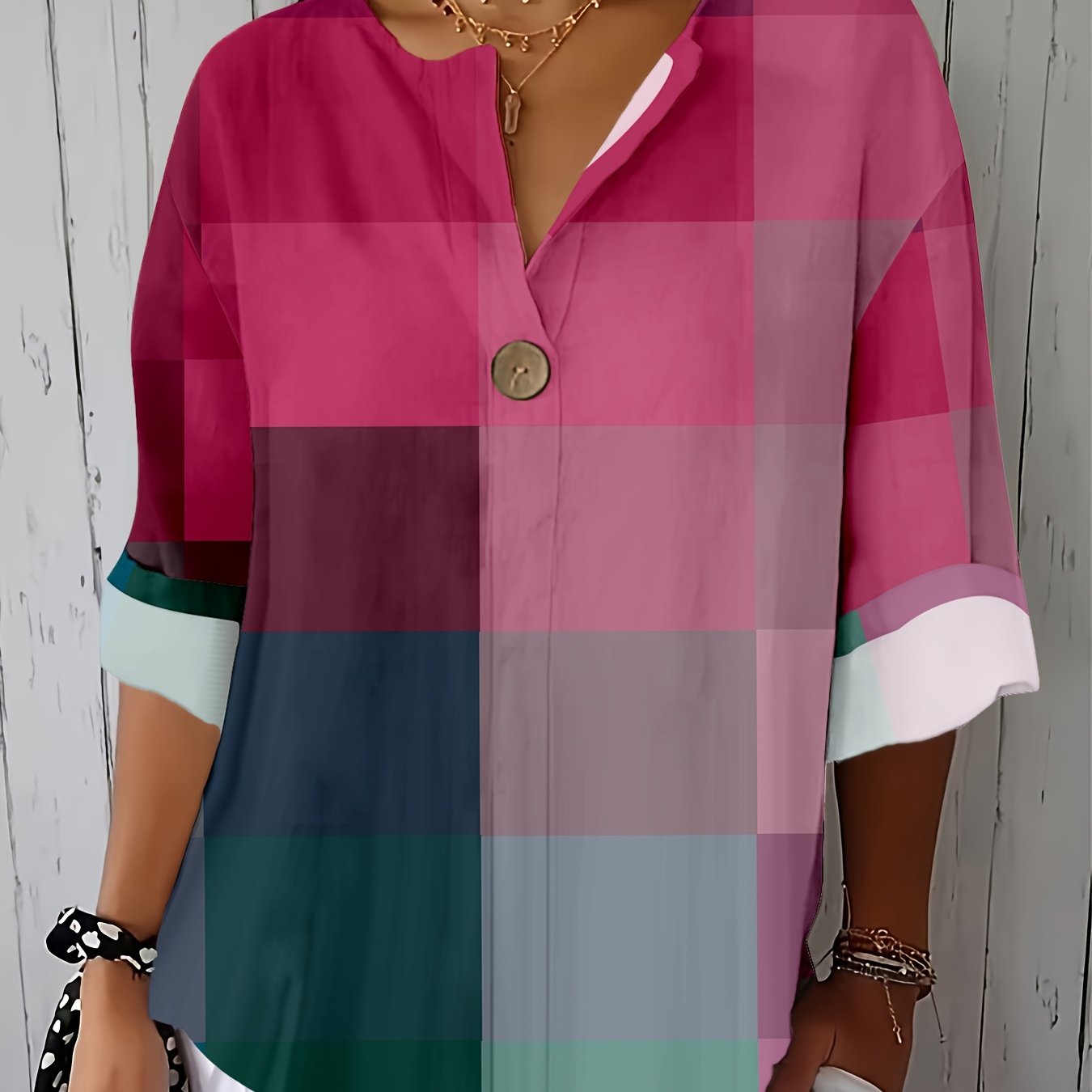 Women's Plus Size Patchwork Blouse With Decorative Buttons