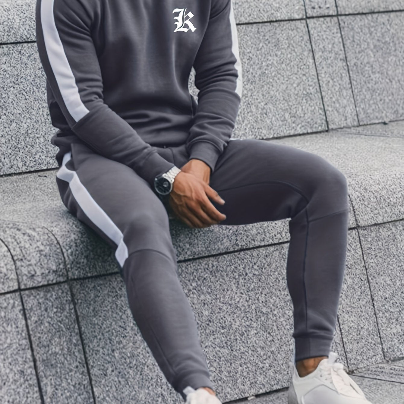 Men's Polyester Casual Tracksuit with Letter Print Crew Neck Sweatshirt and Joggers for Fall Winter