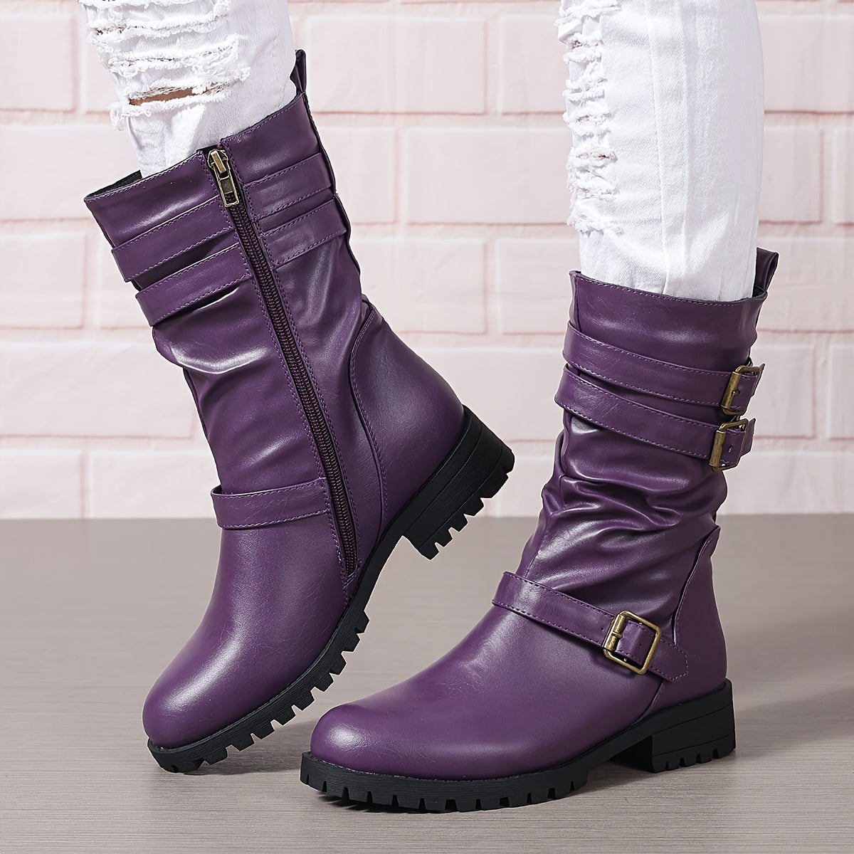 Women's Solid Color Chunky Heel Boots with Side Zipper Mid Calf Boots