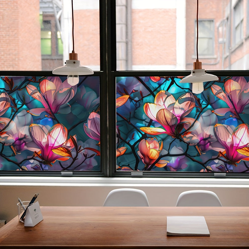 Reusable Floral Stained Glass Window Film Static Cling Rectangular Dull Finish