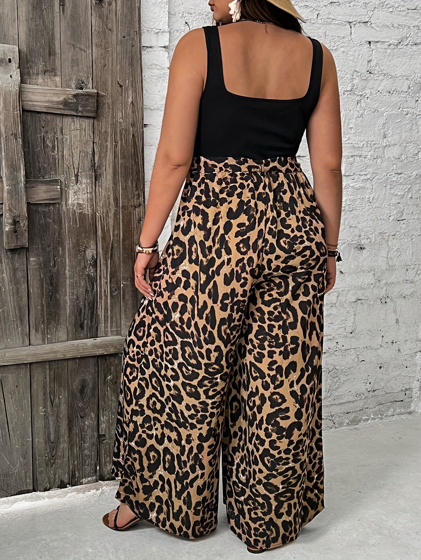 Plus Size Women's Leopard Print Sleeveless Jumpsuit with Belt for Casual and Formal