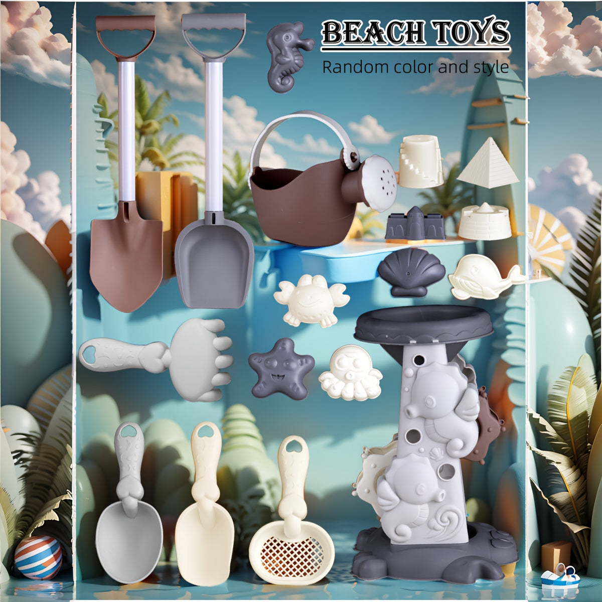 Children's Beach Toy Set with Shovel Bucket Car and Tower in Grey for Ages 3+