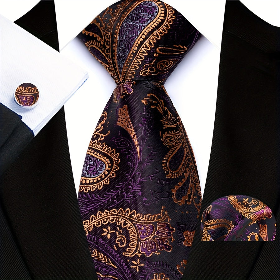 Men's Gold Paisley Three-Piece Suit Set with Tie and Pocket Square