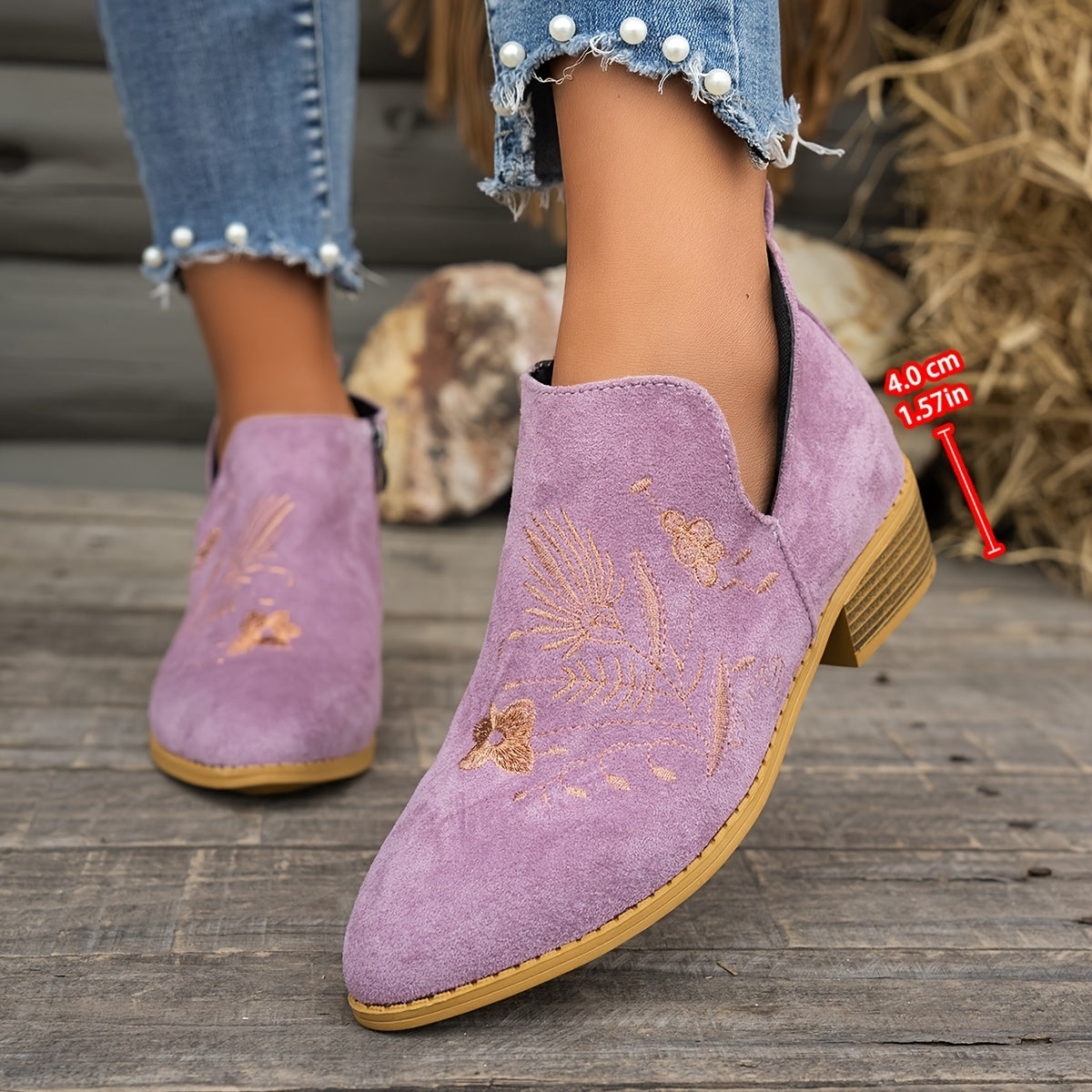 Women's Floral Embroidered Ankle Boots Low Heel Side Zipper Casual Short Boots