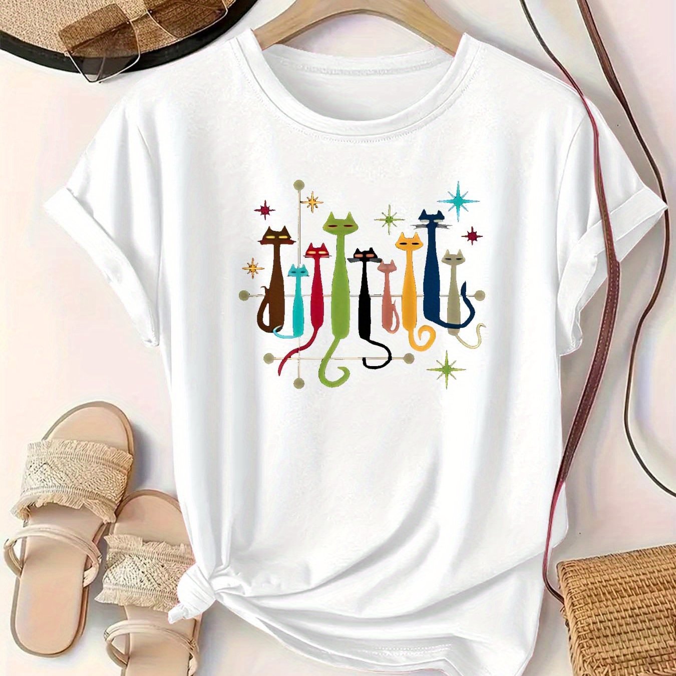 Camiseta casual de poliéster para mujer talla grande con estampado de gato de dibujos animados colorido