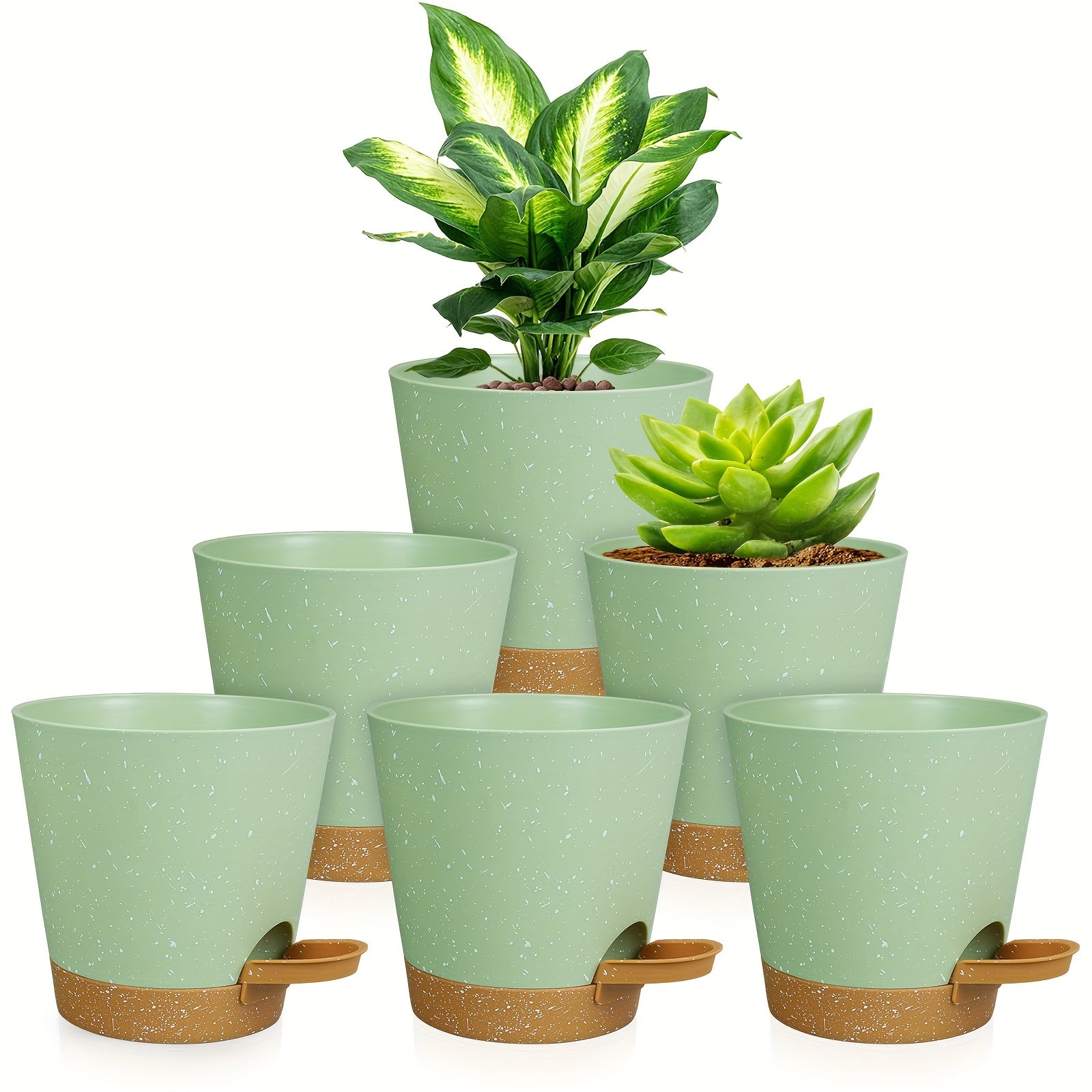 Set of 6 Modern Plastic Planters with Speckled Design Self-Watering Drainage Holes Indoor Outdoor