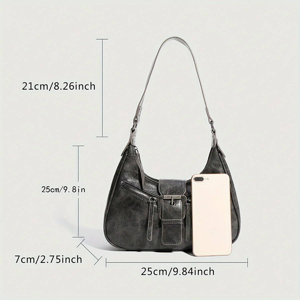 Y2K Punk uslubidagi vintage mototsikl yelka sumkasi ayollar uchun, qora kulrang sintetik charm, sozlanadigan tasma va zip yopilishi bilan