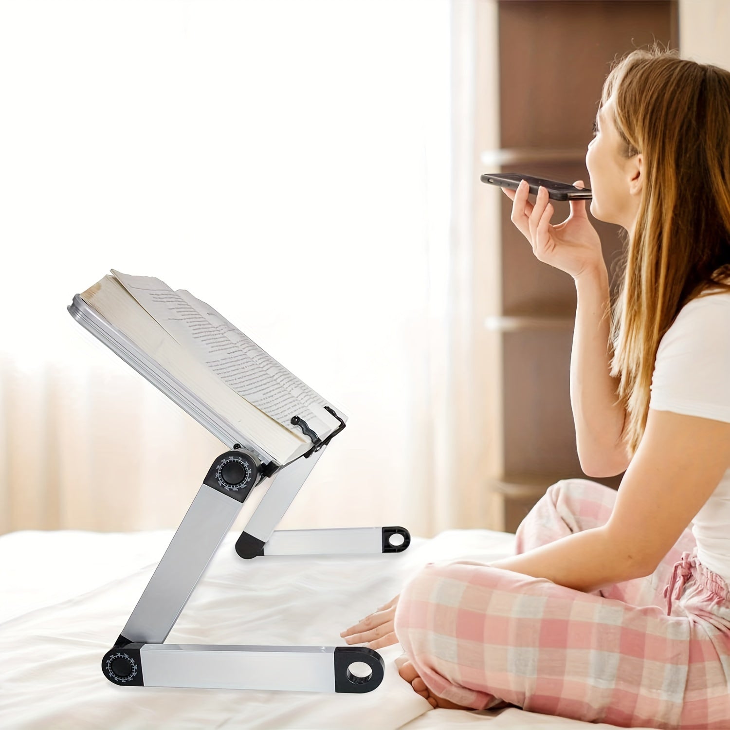 Lightweight Aluminum Book Stand with Adjustable Height and Flexible Paper Clips for Tablets Magazines and Documents