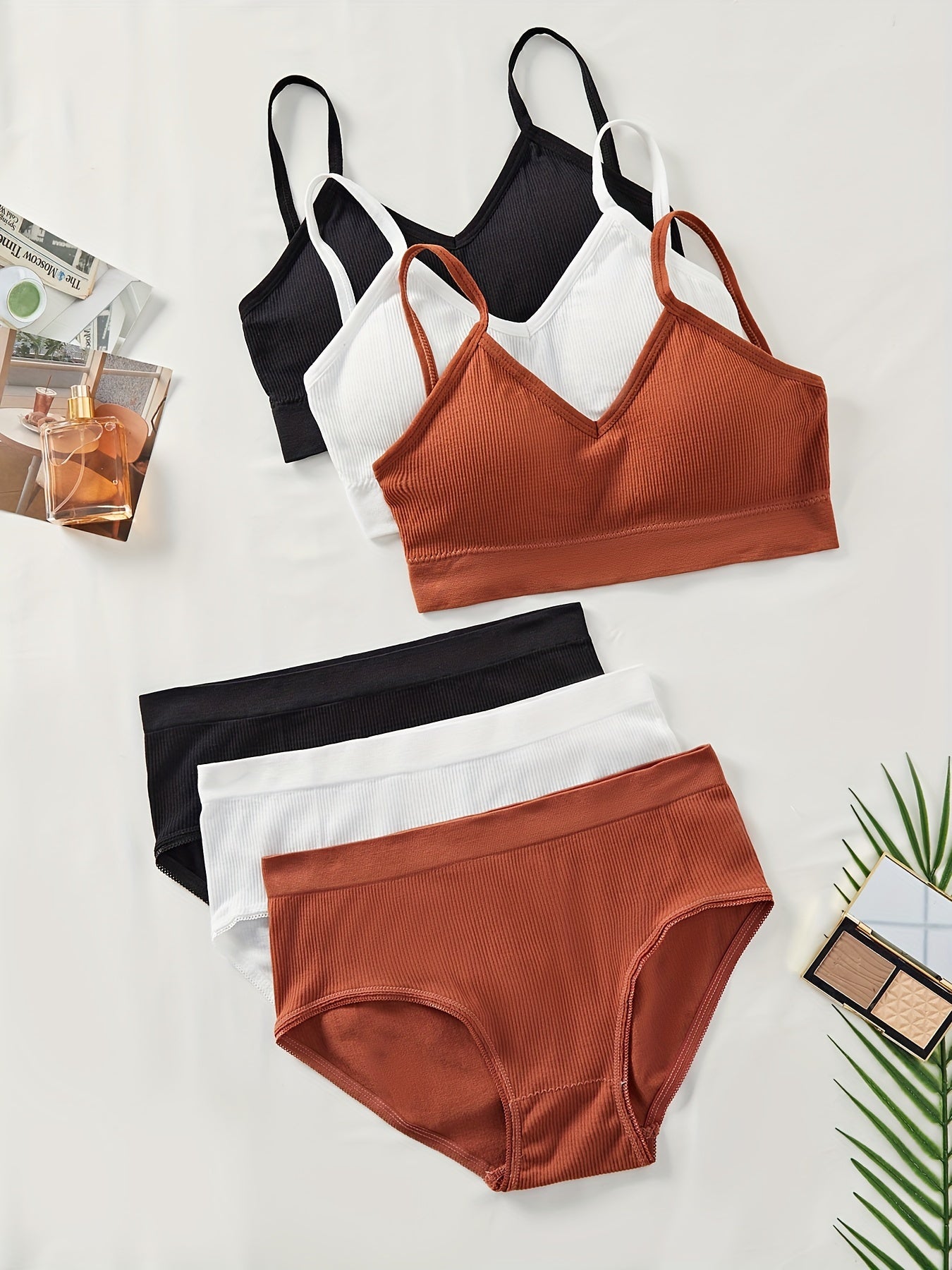 Women's Ribbed Lingerie Set Cami Bra and Panties Three Piece