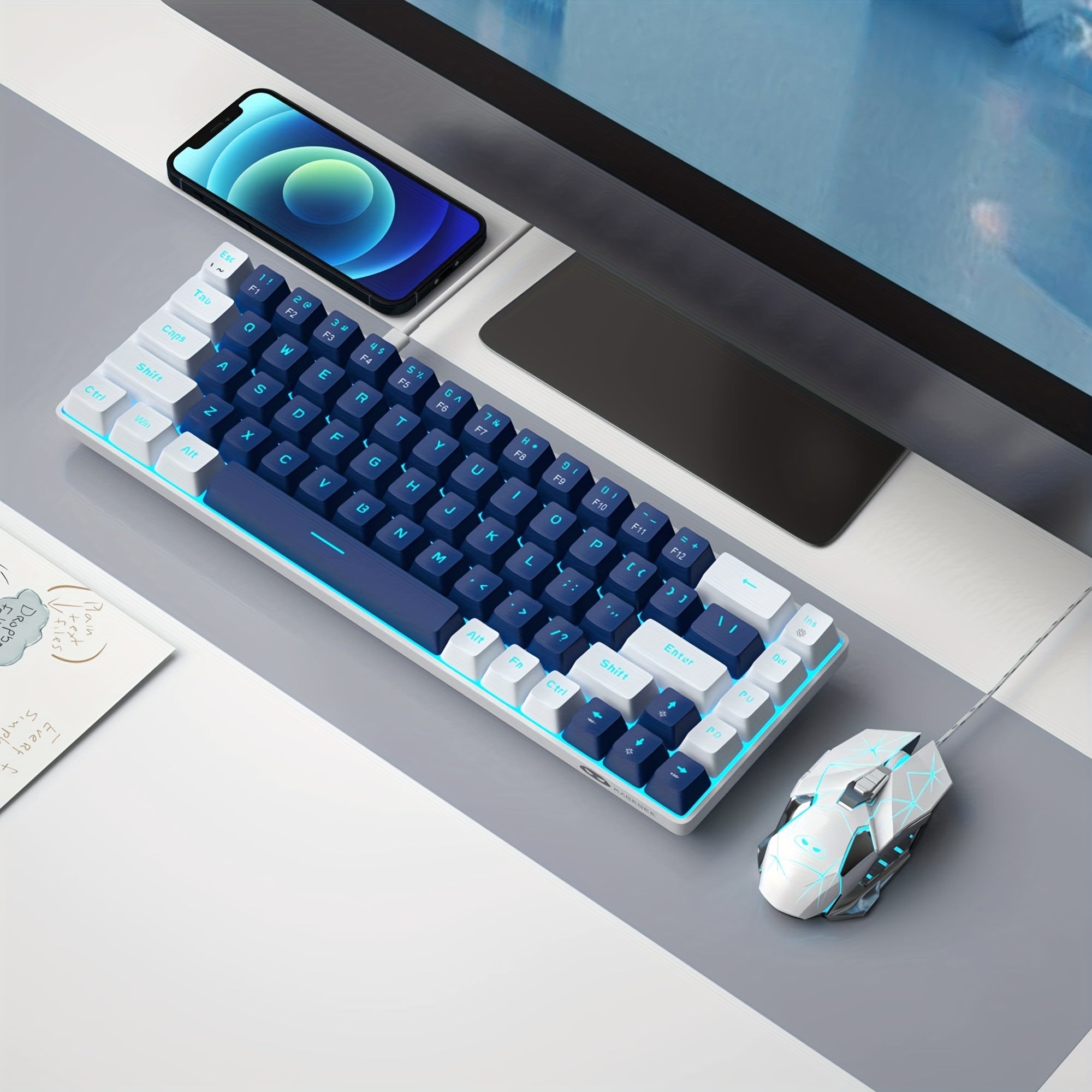 Teclado mecánico compacto para juegos del 60% con interruptores azules, retroiluminación LED, ergonómico para Windows, Mac, PC y portátil