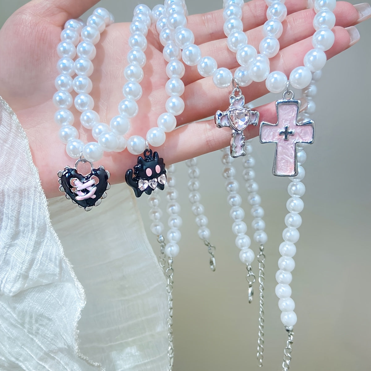 Women's Y2K Style Necklace Set with Faux Pearl Pink Monster Heart Cross Pendants 4 Pieces Jewelry Gift