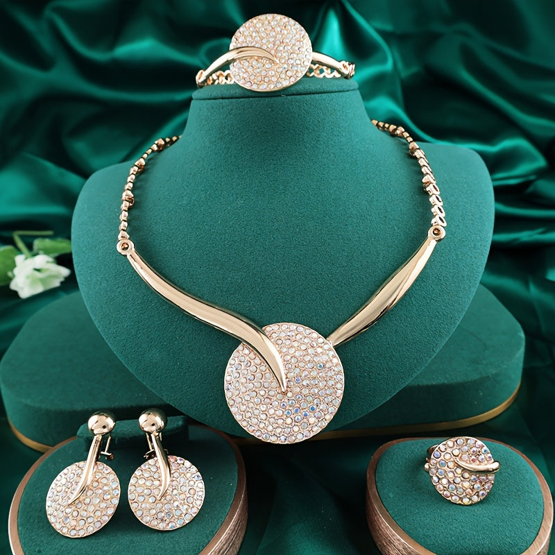 Gold-Plated Jewelry Set with Vibrant Crystals Necklace Bracelet Earrings Ring for Weddings and Gifts
