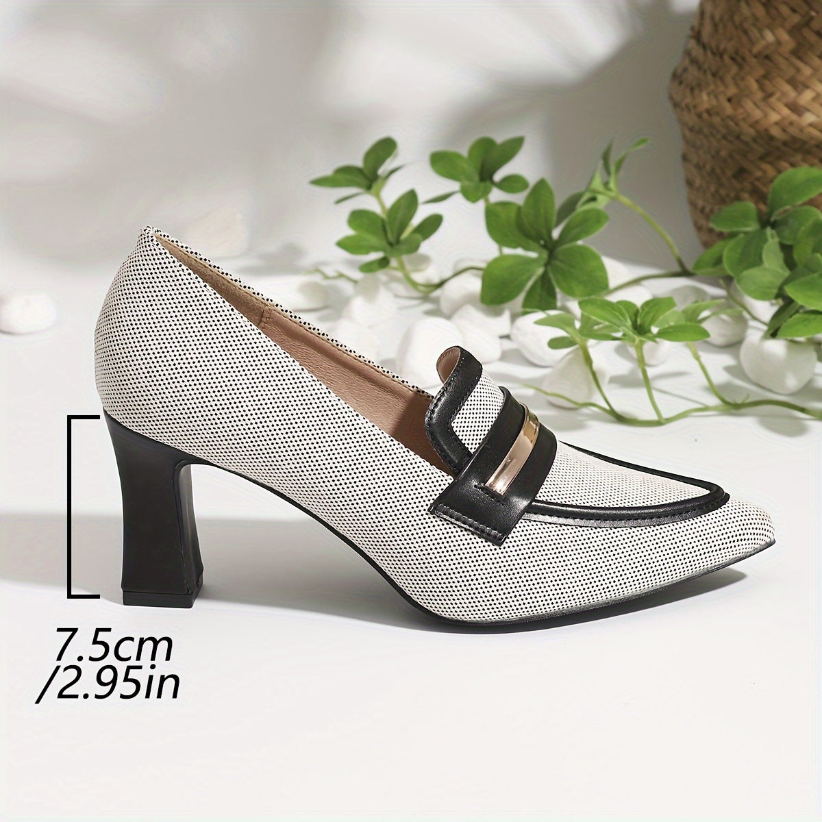 Women's Two-Tone Pointed Toe Mary Jane High Heels Black White Chunky Heel