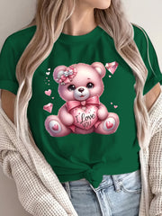 Women's Casual Crew Neck T-Shirt with Cartoon Bear Print Polyester Breathable All-Season