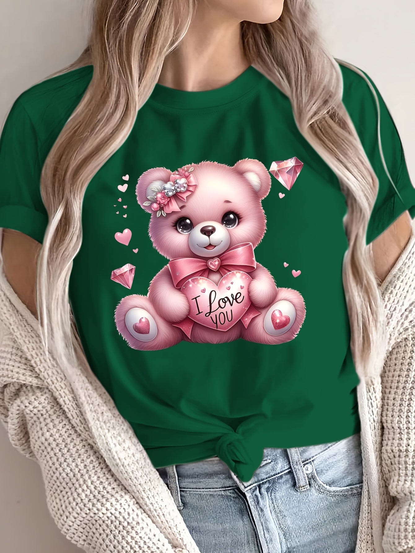 Women's Casual Crew Neck T-Shirt with Cartoon Bear Print Polyester Breathable All-Season