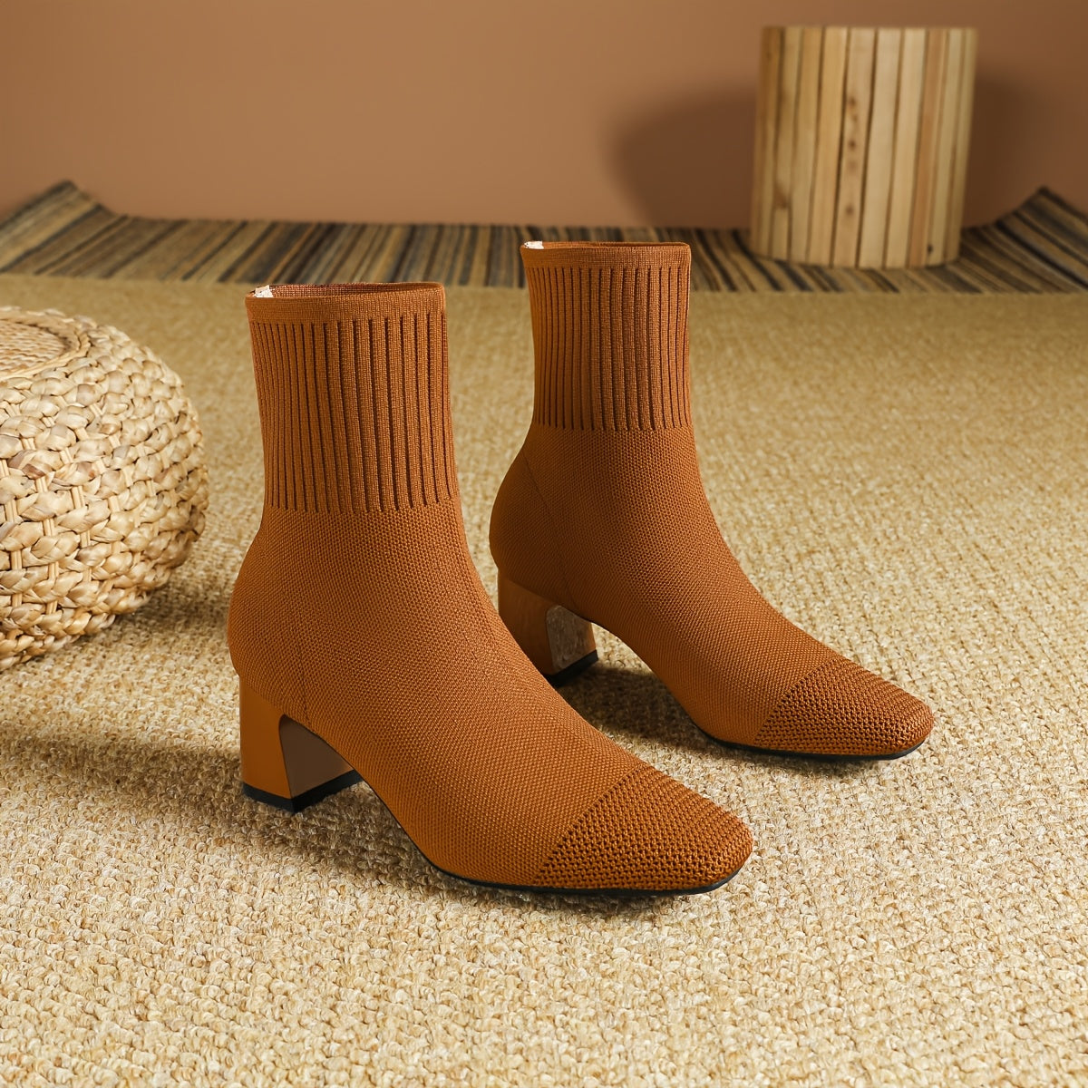 Women's Fabric Square Toe Ankle Boots Casual Slip-On High Heel Mid-Calf Shoes