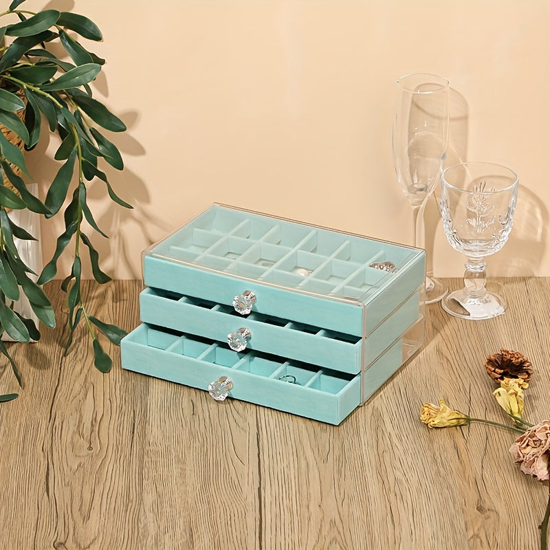 Organizador de joyas de acrílico con cajón de forro suave para collares, pendientes y anillos, azul claro y rosa