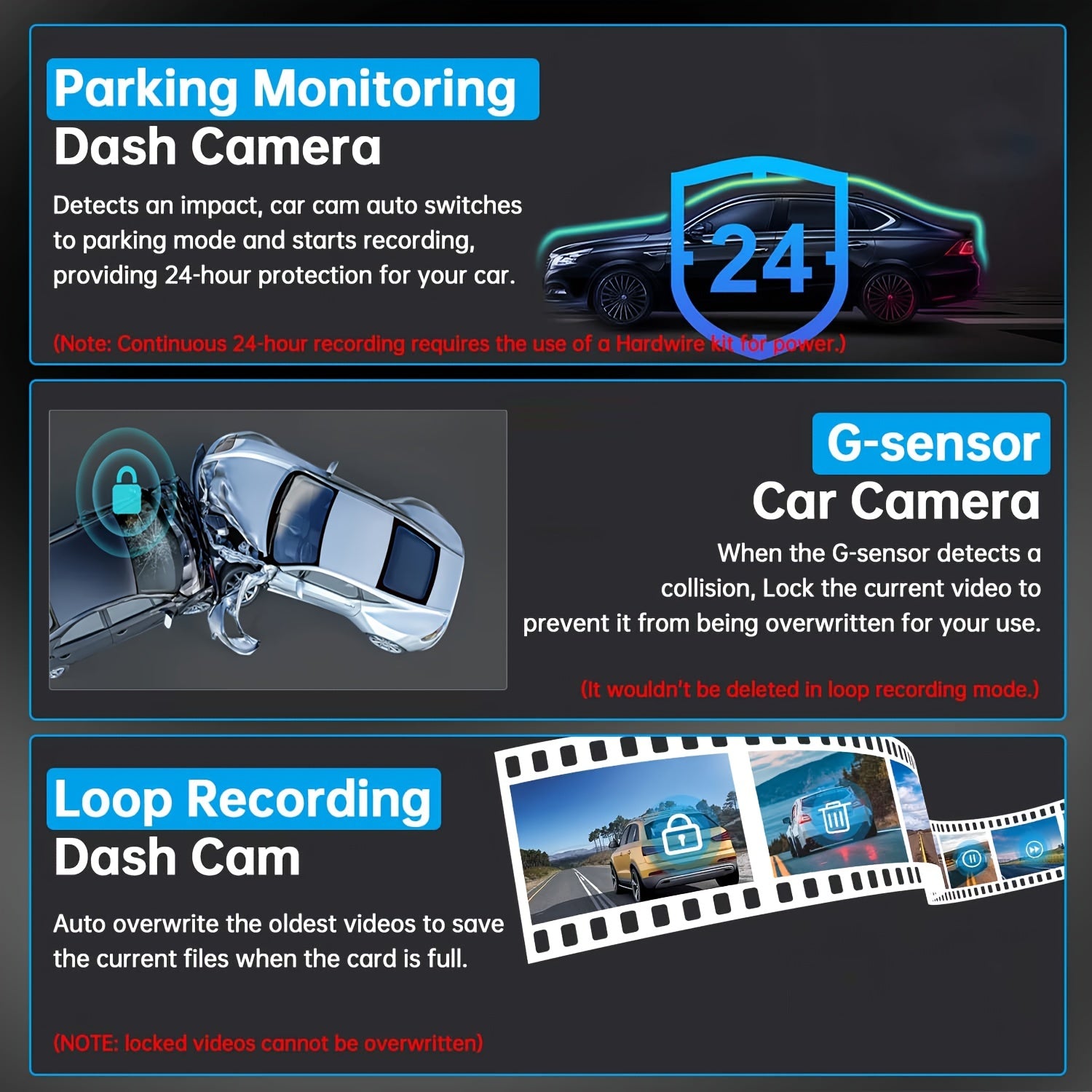 Cámara de tablero dual frontal 4K UHD y trasera 1080P con WiFi, visión nocturna, modo de estacionamiento, grabación en bucle y tarjeta SD de 32GB