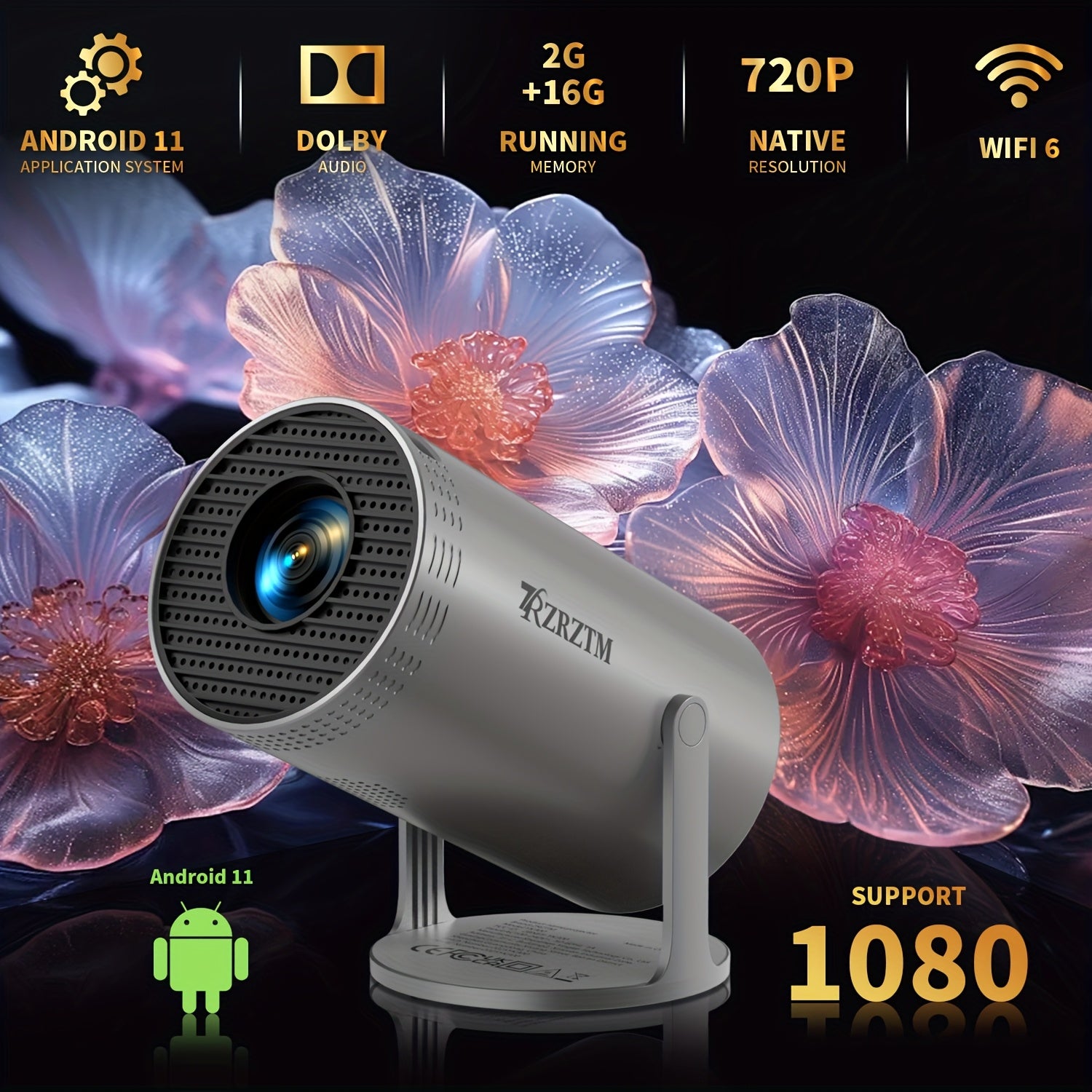 HD Mini Projector with WiFi6 and Auto Level Correction for Home Theater
