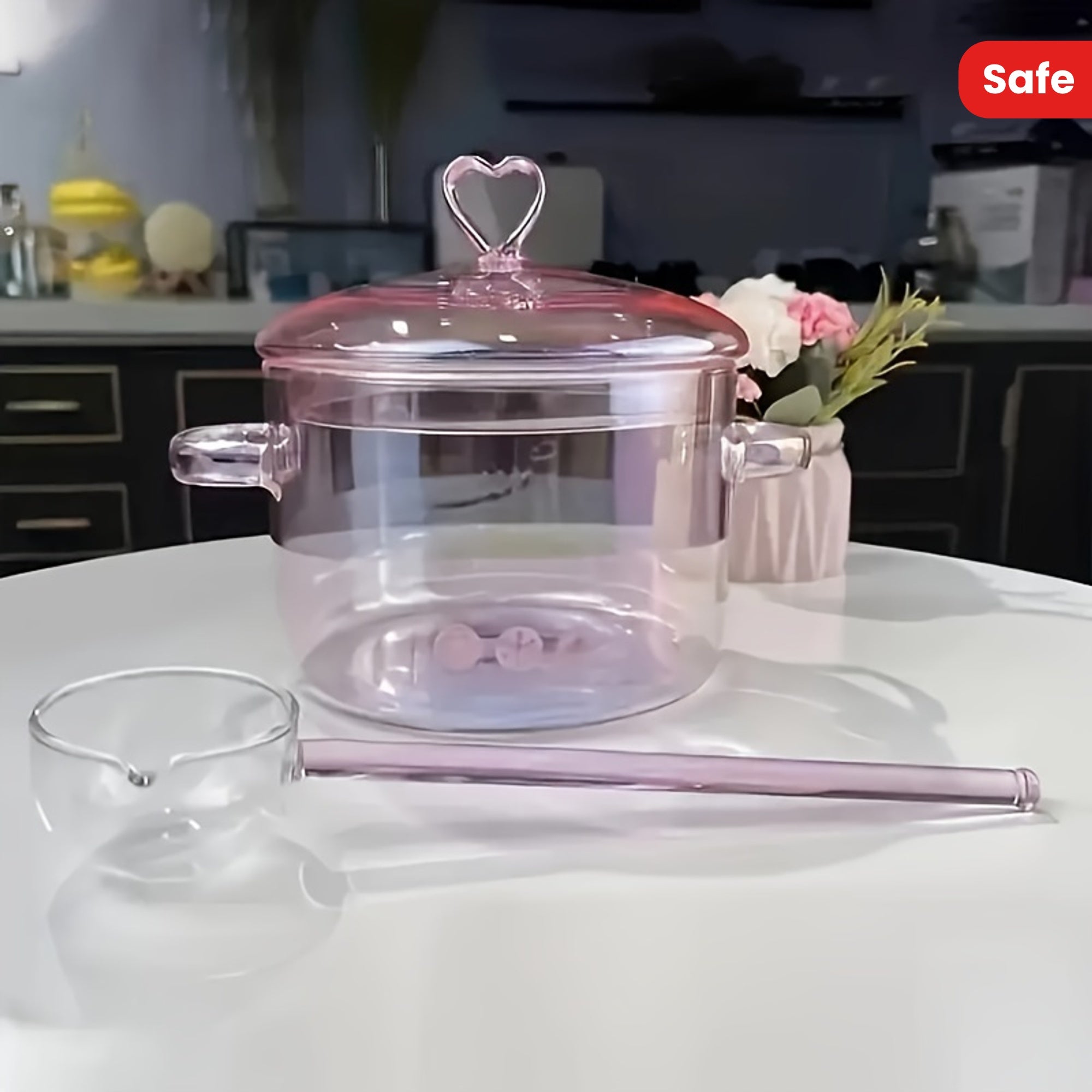 Pink Borosilicate Glass Stockpot 1500ml with Dual Handles and Safety Lid