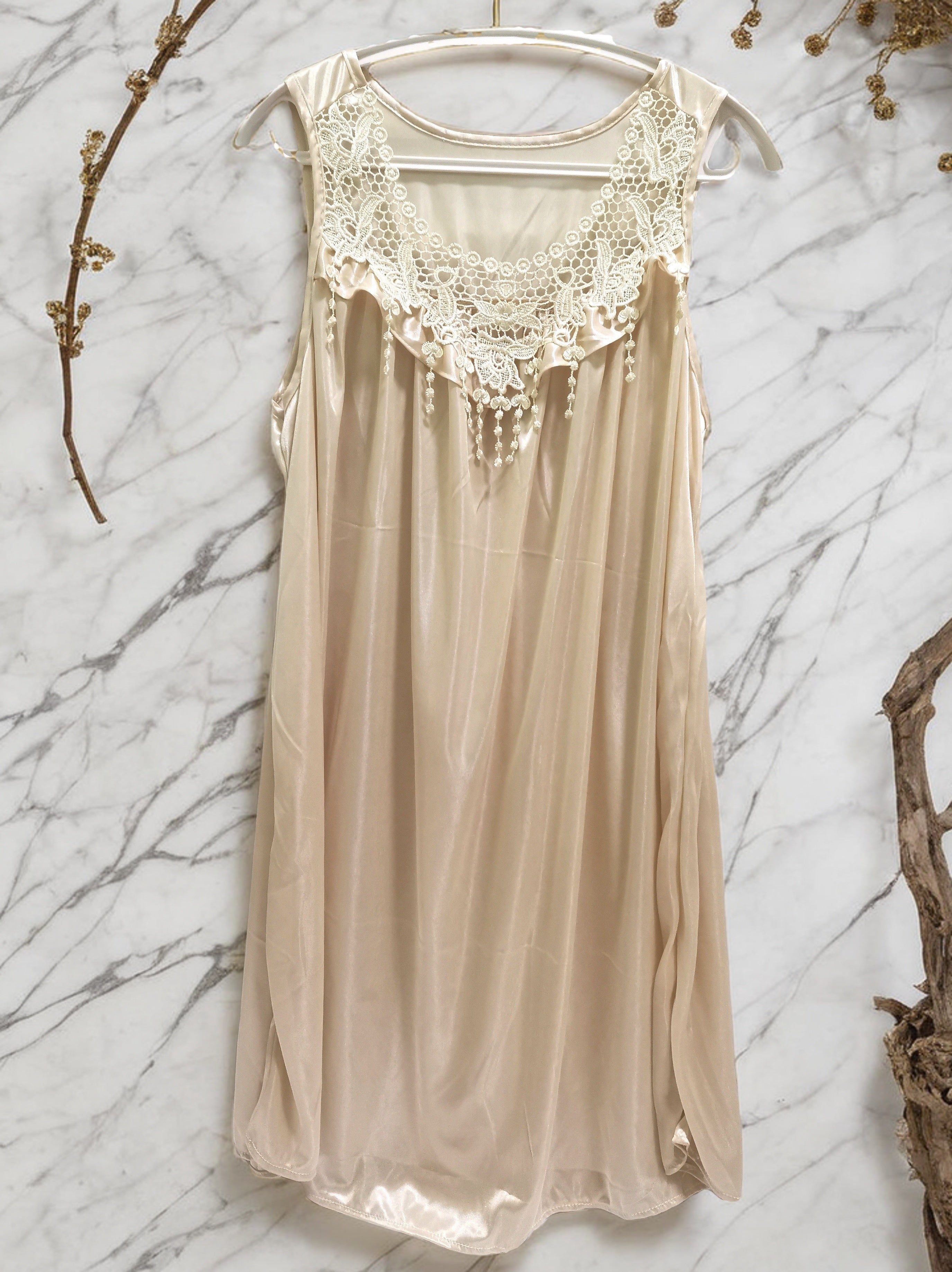 Women's Sleeveless Lace Nightdress Summer Elegant Solid Color Satin Feel Sleepwear