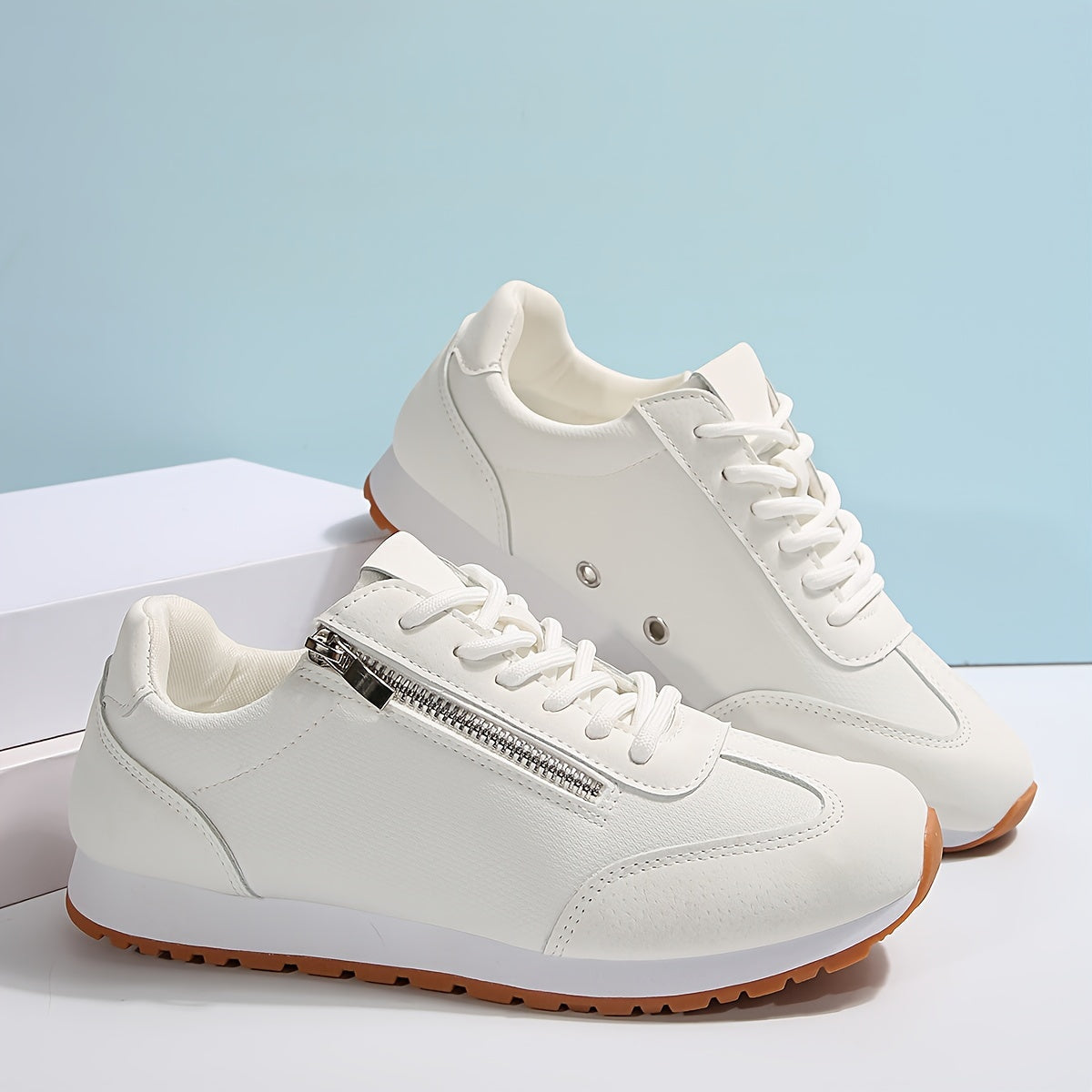 Women's White Lace-Up Casual Sneakers Breathable Lightweight Shoes