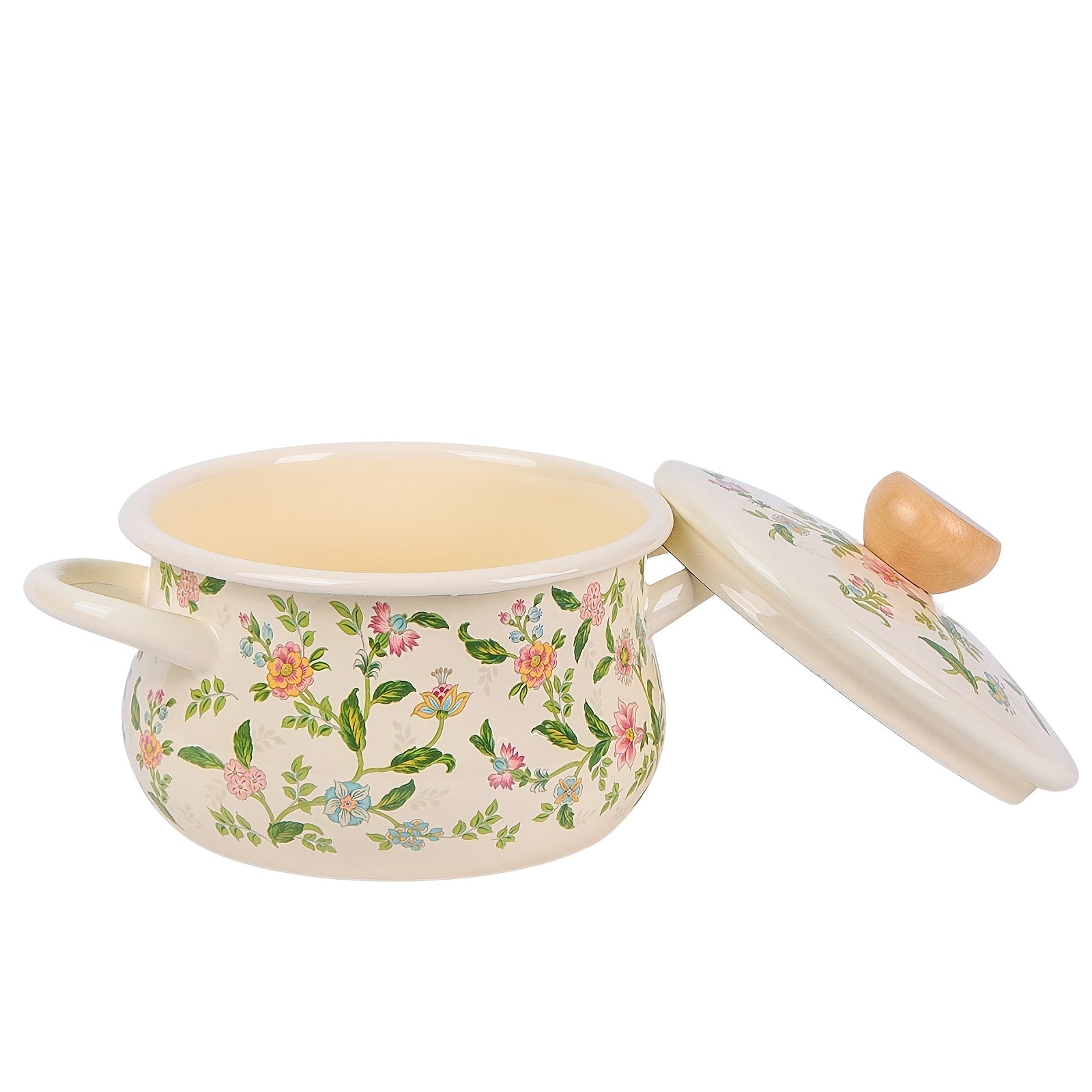 Floral Enamel Soup Pot with Rolled Edges for Open Fire and Induction Cooking