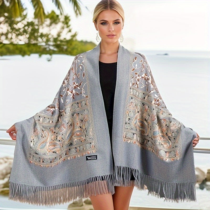 Bohemian Embroidered Cashmere Scarf Shawl Oversized Wrap for All Seasons