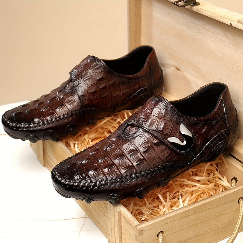 Мужские мокасины с эффектом крокодила, с застежкой-липучкой, нескользящие, легко надеваются, из кожи
