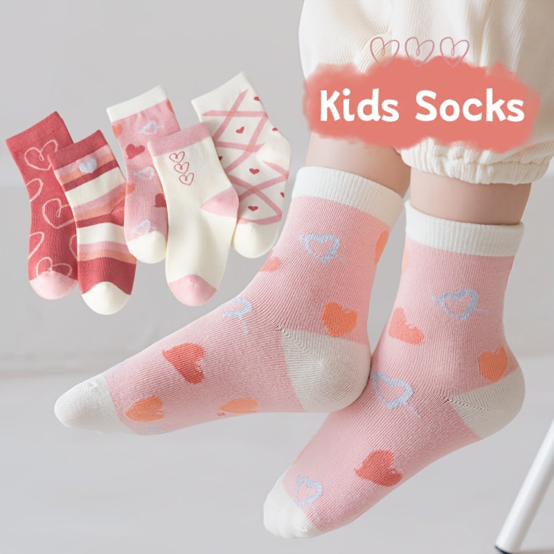 Girls Kids Socks 5 Pairs Heart Cartoon Breathable Crew Socks for Children